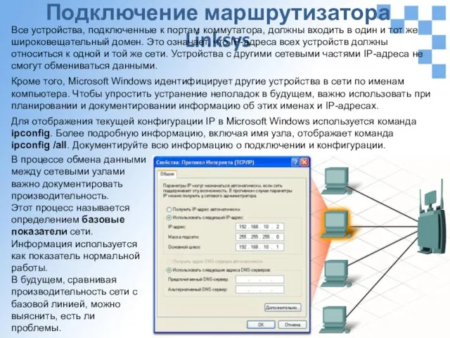 Подключение маршрутизатора Linksys Все устройства, подключенные к портам коммутатора, должны входить в