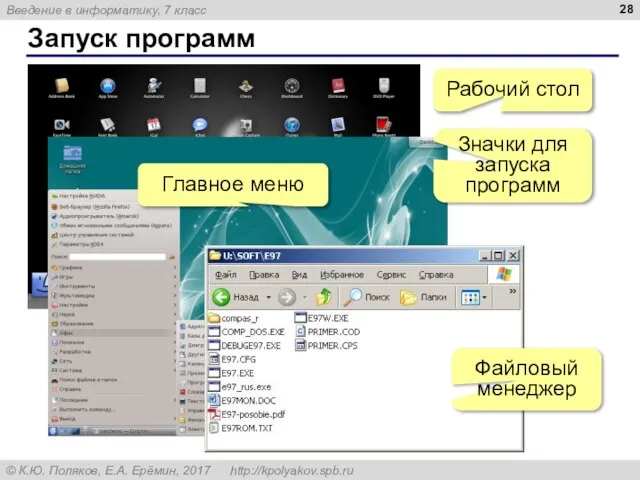 Запуск программ Рабочий стол Значки для запуска программ Главное меню Файловый менеджер