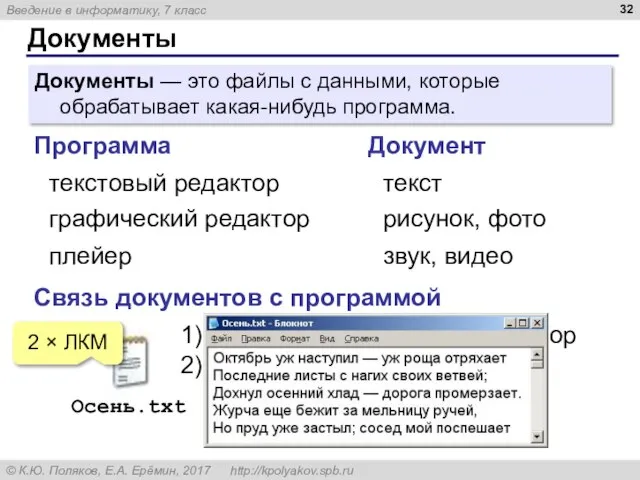 Документы Документы — это файлы с данными, которые обрабатывает какая-нибудь программа. Программа