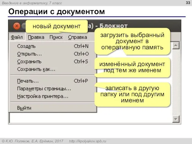 Операции с документом новый документ загрузить выбранный документ в оперативную память изменённый