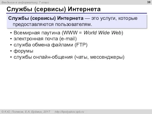 Службы (сервисы) Интернета Службы (сервисы) Интернета — это услуги, которые предоставляются пользователям.