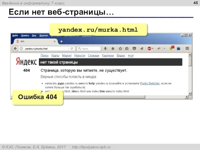Если нет веб-страницы… yandex.ru/murka.html Ошибка 404