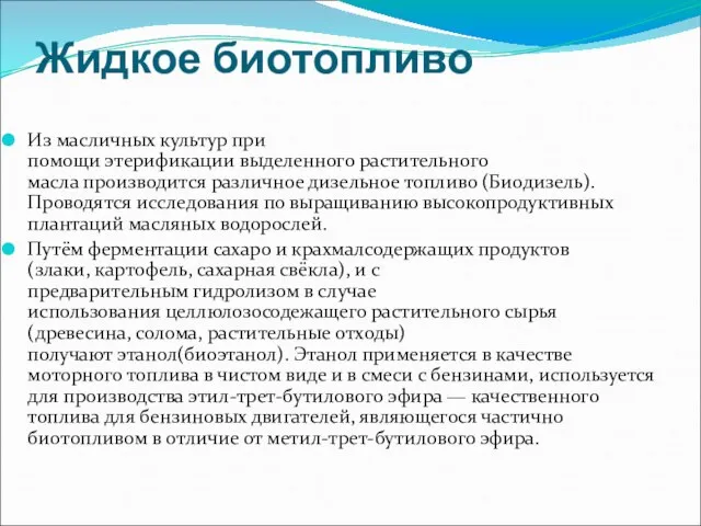 Жидкое биотопливо Из масличных культур при помощи этерификации выделенного растительного масла производится