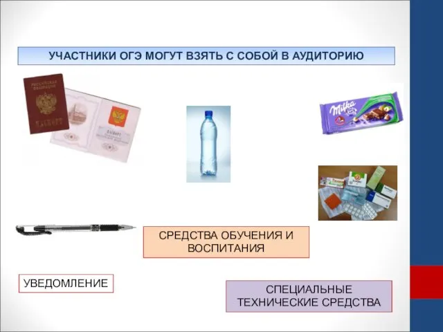 СРЕДСТВА ОБУЧЕНИЯ И ВОСПИТАНИЯ СПЕЦИАЛЬНЫЕ ТЕХНИЧЕСКИЕ СРЕДСТВА УВЕДОМЛЕНИЕ УЧАСТНИКИ ОГЭ МОГУТ ВЗЯТЬ С СОБОЙ В АУДИТОРИЮ