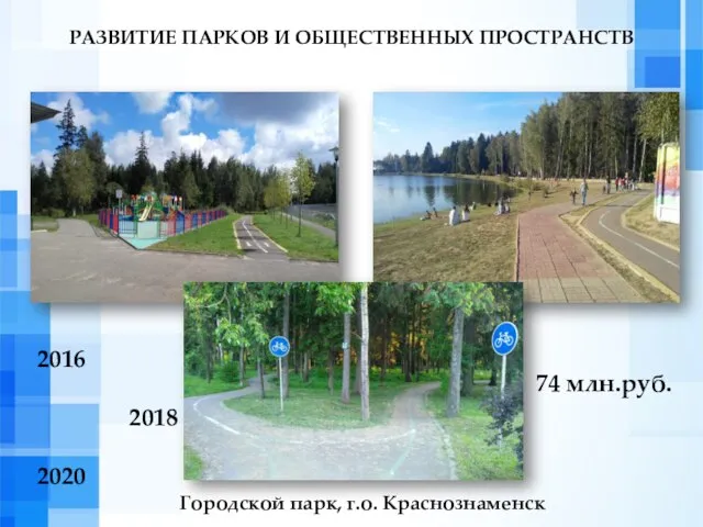 РАЗВИТИЕ ПАРКОВ И ОБЩЕСТВЕННЫХ ПРОСТРАНСТВ Городской парк, г.о. Краснознаменск 2016 2018 2020 74 млн.руб.