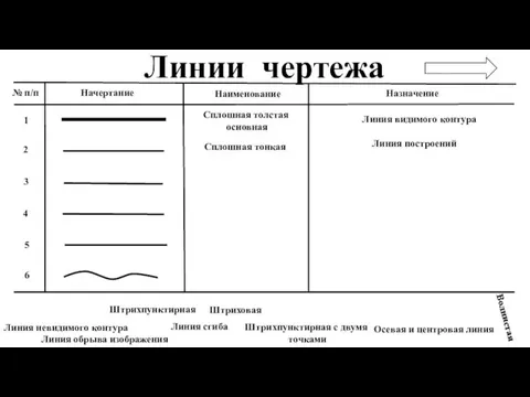 Линии чертежа 1 № п/п Начертание Назначение Наименование 2 3 4 5