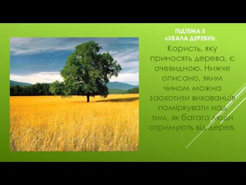 ПІДТЕМА 5 «ХВАЛА ДЕРЕВУ!» Користь, яку приносять дерева, є очевидною. Нижче описано,