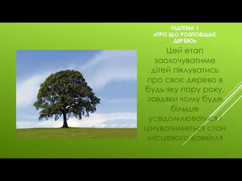 ПІДТЕМА 1 «ПРО ЩО РОЗПОВІДАЄ ДЕРЕВО» Цей етап заохочуватиме дітей піклуватись про