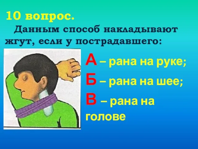 10 вопрос. Данным способ накладывают жгут, если у пострадавшего: А – рана