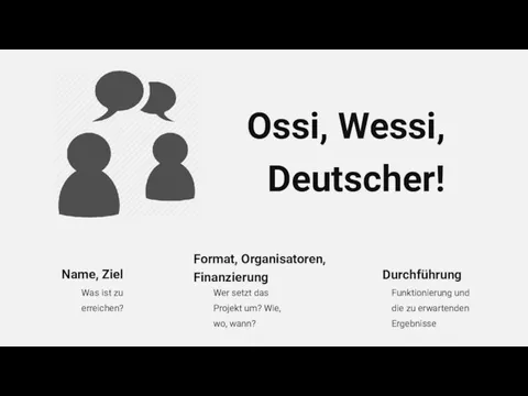 Ossi, Wessi, Deutscher! Was ist zu erreichen? Name, Ziel Wer setzt das