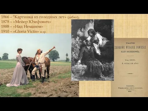 1866 – "Картинка из голодных лет» (дебют), 1878 – «Мейер Юзефович» 1888