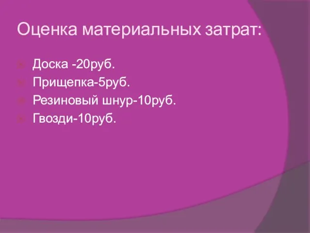 Оценка материальных затрат: Доска -20руб. Прищепка-5руб. Резиновый шнур-10руб. Гвозди-10руб.