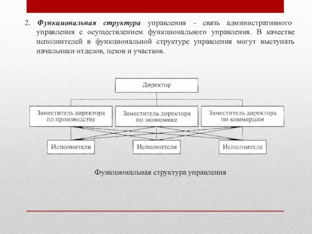 2. Функциональная структура управления - связь административного управления с осуществлением функционального управления.