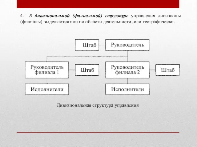 4. В дивизиональной (филиальной) структуре управления дивизионы (филиалы) выделяются или по области