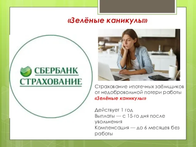 Страхование ипотечных заёмщиков от недобровольной потери работы «Зелёные каникулы» Действует 1 год