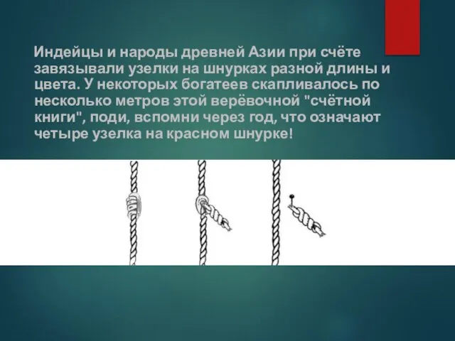 Индейцы и народы древней Азии при счёте завязывали узелки на шнурках разной