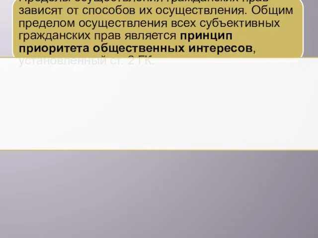 Пределы осуществления гражданских прав зависят от способов их осуществления. Общим пределом осуществления