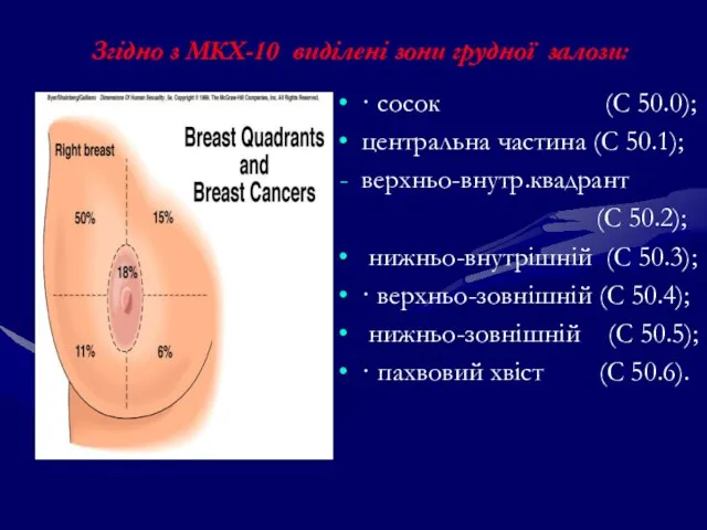 Згідно з МКХ-10 виділені зони грудної залози: · сосок (С 50.0); центральна