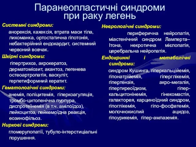 Паранеопластичні синдроми при раку легень Системні синдроми: анорексія, кахексія, втрата маси тіла,