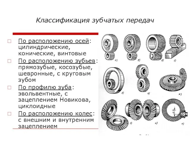 Классификация зубчатых передач По расположению осей: цилиндрические, конические, винтовые По расположению зубьев: