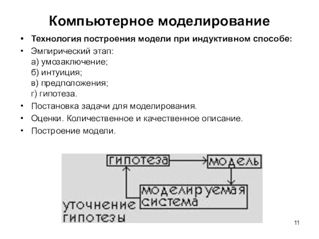 Компьютерное моделирование Технология построения модели при индуктивном способе: Эмпирический этап: а) умозаключение;