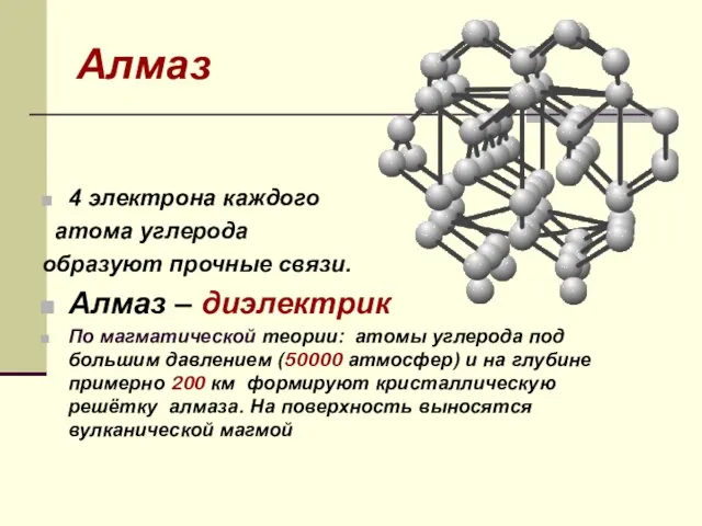 Алмаз 4 электрона каждого атома углерода образуют прочные связи. Алмаз – диэлектрик