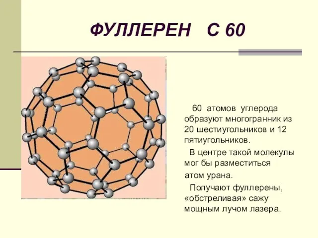 ФУЛЛЕРЕН С 60 60 атомов углерода образуют многогранник из 20 шестиугольников и