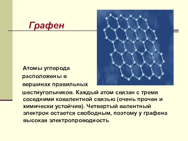 Графен Атомы углерода расположены в вершинах правильных шестиугольников. Каждый атом связан с