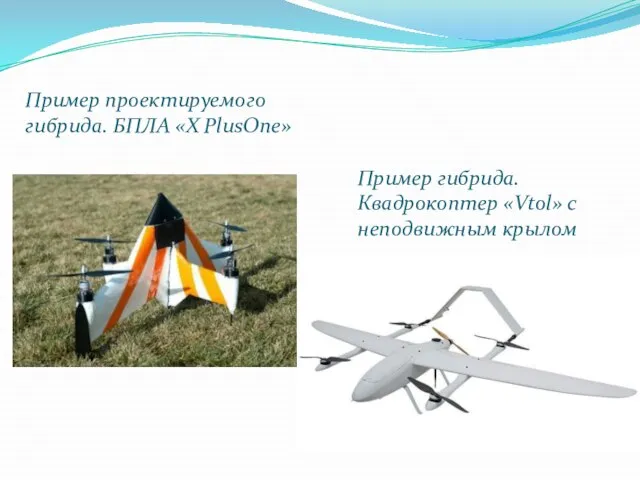 Пример проектируемого гибрида. БПЛА «X PlusOne» Пример гибрида. Квадрокоптер «Vtol» с неподвижным крылом