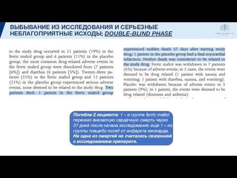 ВЫБЫВАНИЕ ИЗ ИССЛЕДОВАНИЯ И СЕРЬЕЗНЫЕ НЕБЛАГОПРИЯТНЫЕ ИСХОДЫ; DOUBLE-BLIND PHASE Погибли 2 пациента: