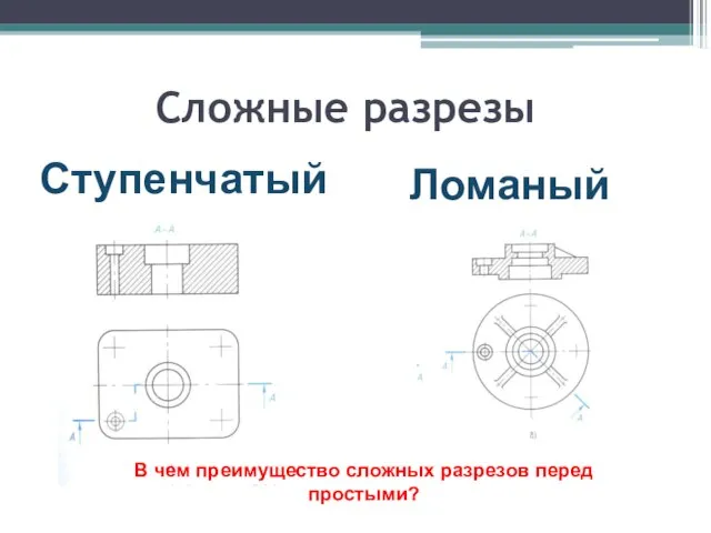 Сложные разрезы Ступенчатый Ломаный В чем преимущество сложных разрезов перед простыми?