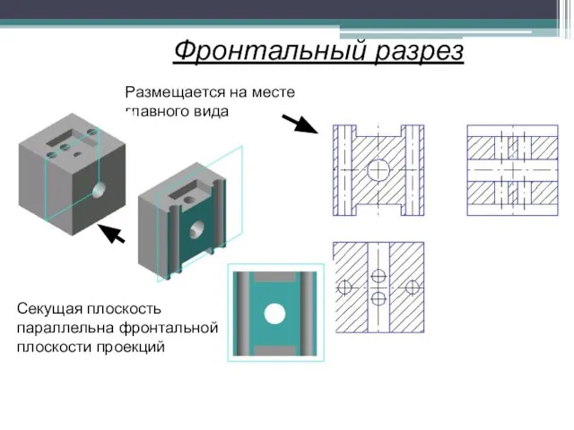 Фронтальный разрез Секущая плоскость параллельна фронтальной плоскости проекций Размещается на месте главного вида