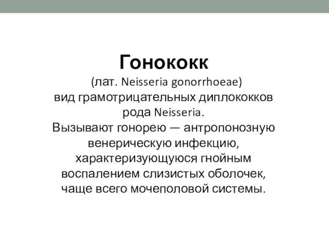 Гонококк (лат. Neisseria gonorrhoeae) вид грамотрицательных диплококков рода Neisseria. Вызывают гонорею —