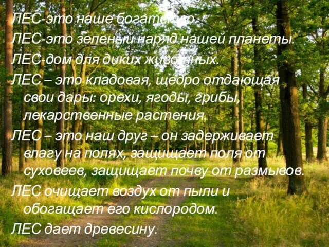 ЛЕС-это наше богатство. ЛЕС-это зеленый наряд нашей планеты. ЛЕС-дом для диких животных.