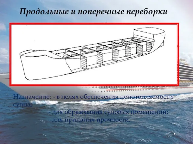 Продольные и поперечные переборки Назначение: - в целях обеспечения непотопляемости судна; -