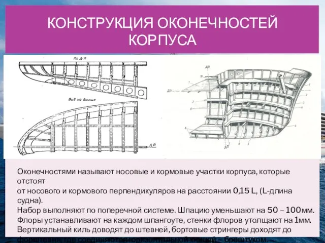 КОНСТРУКЦИЯ ОКОНЕЧНОСТЕЙ КОРПУСА Оконечностями называют носовые и кормовые участки корпуса, которые отстоят