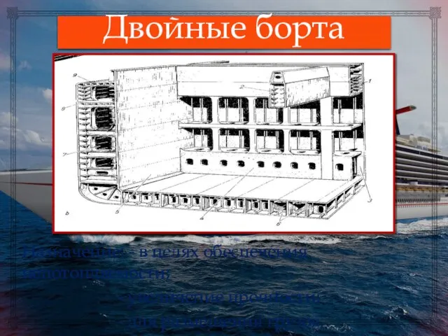 Двойные борта Назначение: - в целях обеспечения непотопляемости; - увеличение прочности; - для размещения грузов.