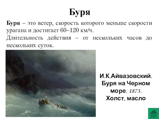 Буря Буря – это ветер, скорость которого меньше скорости урагана и достигает