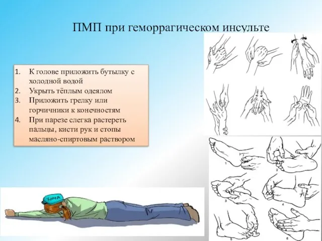 ПМП при геморрагическом инсульте К голове приложить бутылку с холодной водой Укрыть