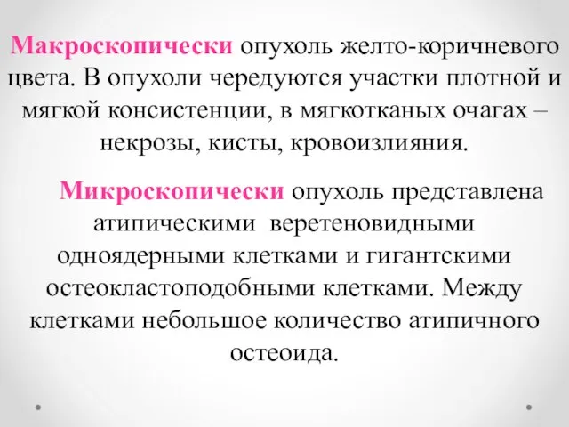 Макроскопически опухоль желто-коричневого цвета. В опухоли чередуются участки плотной и мягкой консистенции,