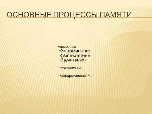 ОСНОВНЫЕ ПРОЦЕССЫ ПАМЯТИ процессы Запоминание (Запечатление Заучивание) сохранение воспроизведение