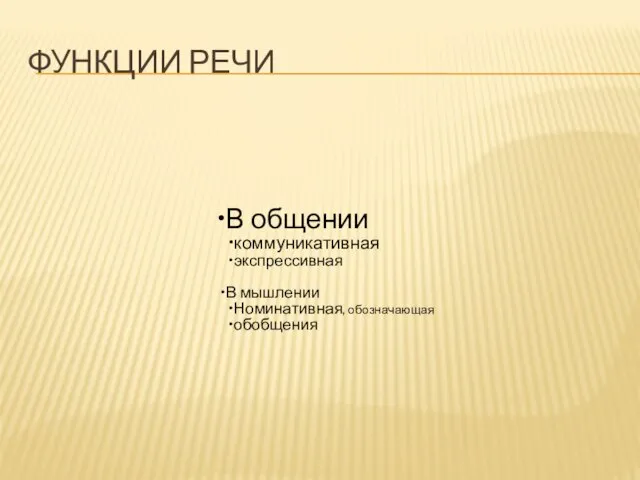 ФУНКЦИИ РЕЧИ В общении коммуникативная экспрессивная В мышлении Номинативная, обозначающая обобщения