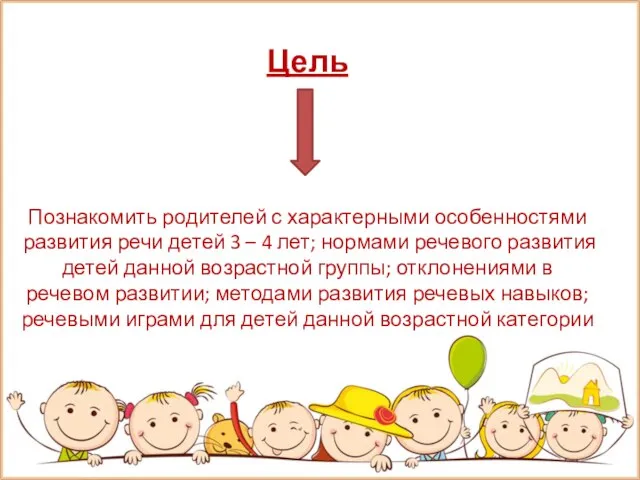 Цель Познакомить родителей с характерными особенностями развития речи детей 3 – 4