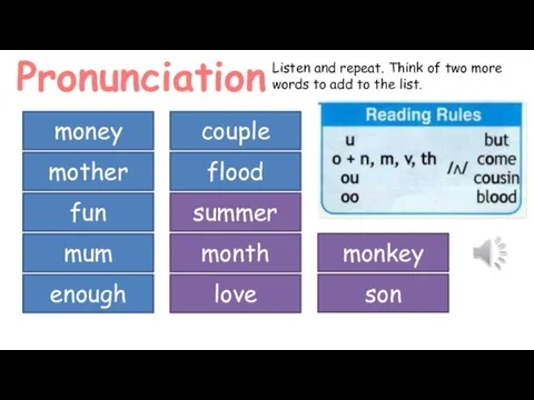 Pronunciation Listen and repeat. Think of two more words to add to