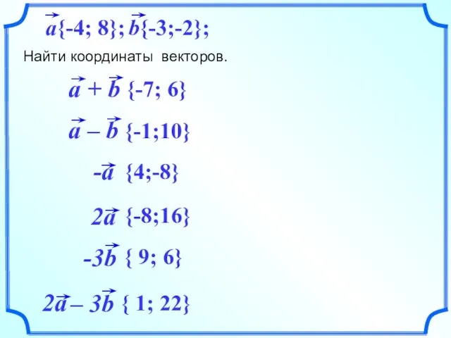 Найти координаты векторов. {-1;10} {-7; 6} {4;-8} {-8;16} { 9; 6} { 1; 22}