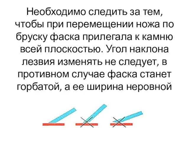 Необходимо следить за тем, чтобы при перемещении ножа по бруску фаска прилегала