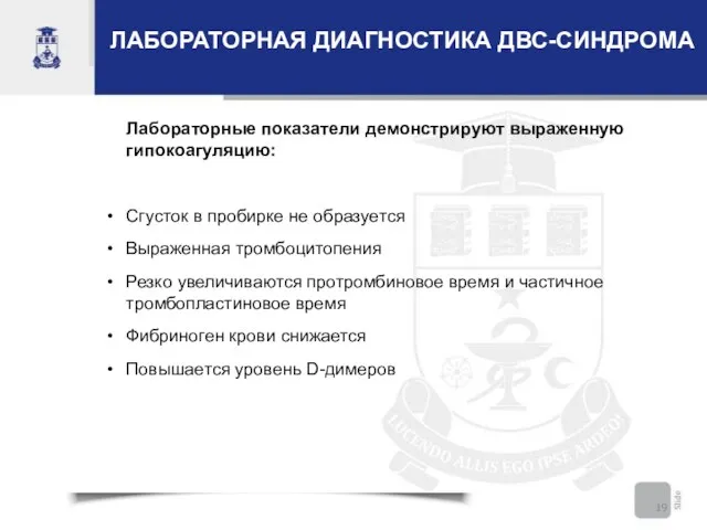 ЛАБОРАТОРНАЯ ДИАГНОСТИКА ДВС-СИНДРОМА Лабораторные показатели демонстрируют выраженную гипокоагуляцию: Сгусток в пробирке не