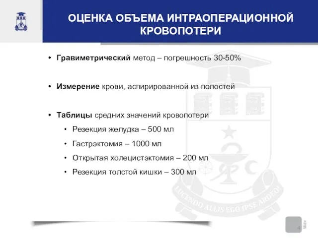 ОЦЕНКА ОБЪЕМА ИНТРАОПЕРАЦИОННОЙ КРОВОПОТЕРИ Гравиметрический метод – погрешность 30-50% Измерение крови, аспирированной