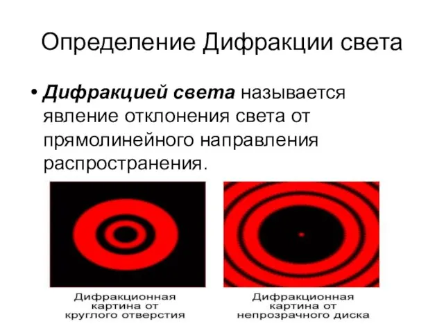 Определение Дифракции света Дифракцией света называется явление отклонения света от прямолинейного направления распространения.