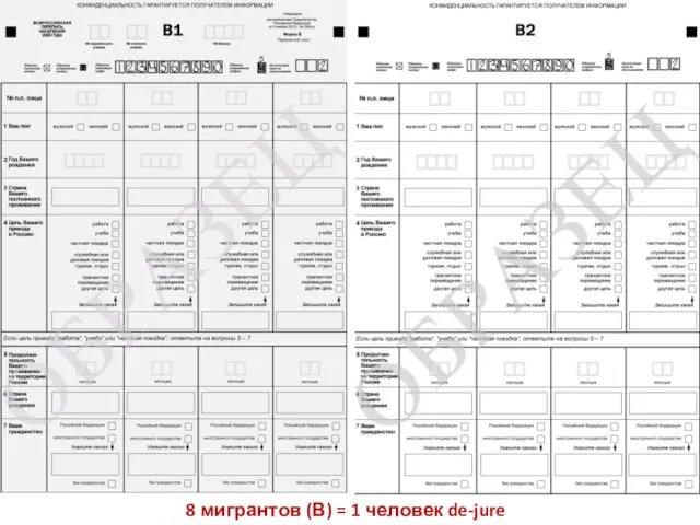 8 мигрантов (В) = 1 человек de-jure (Л)